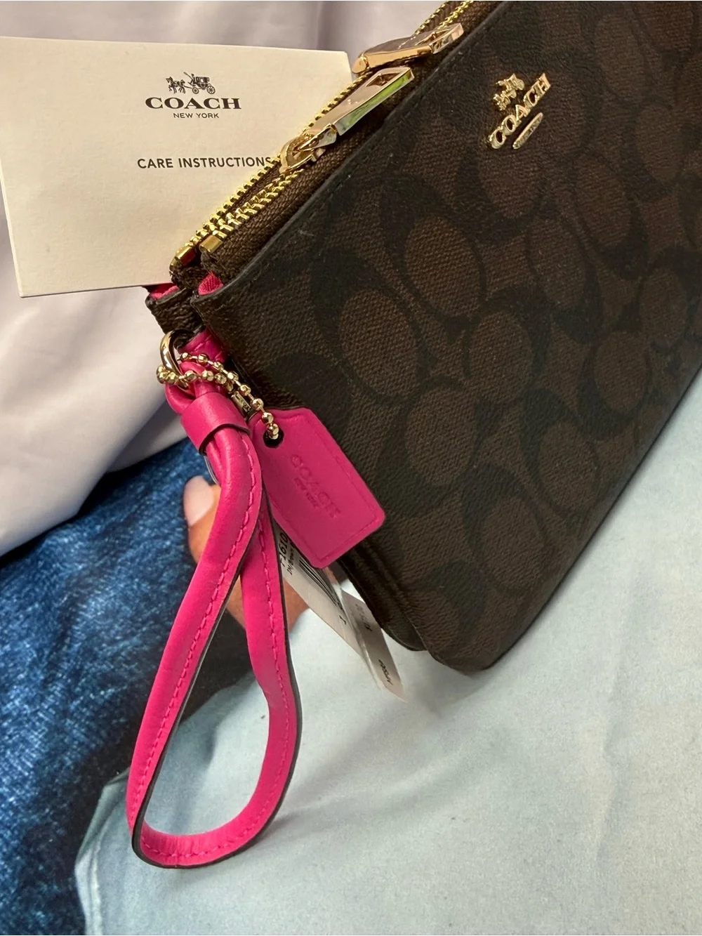 (new+tag) Coach Double-Zip Wristlet Brown Signature Monogram - Pink Wrist Strap